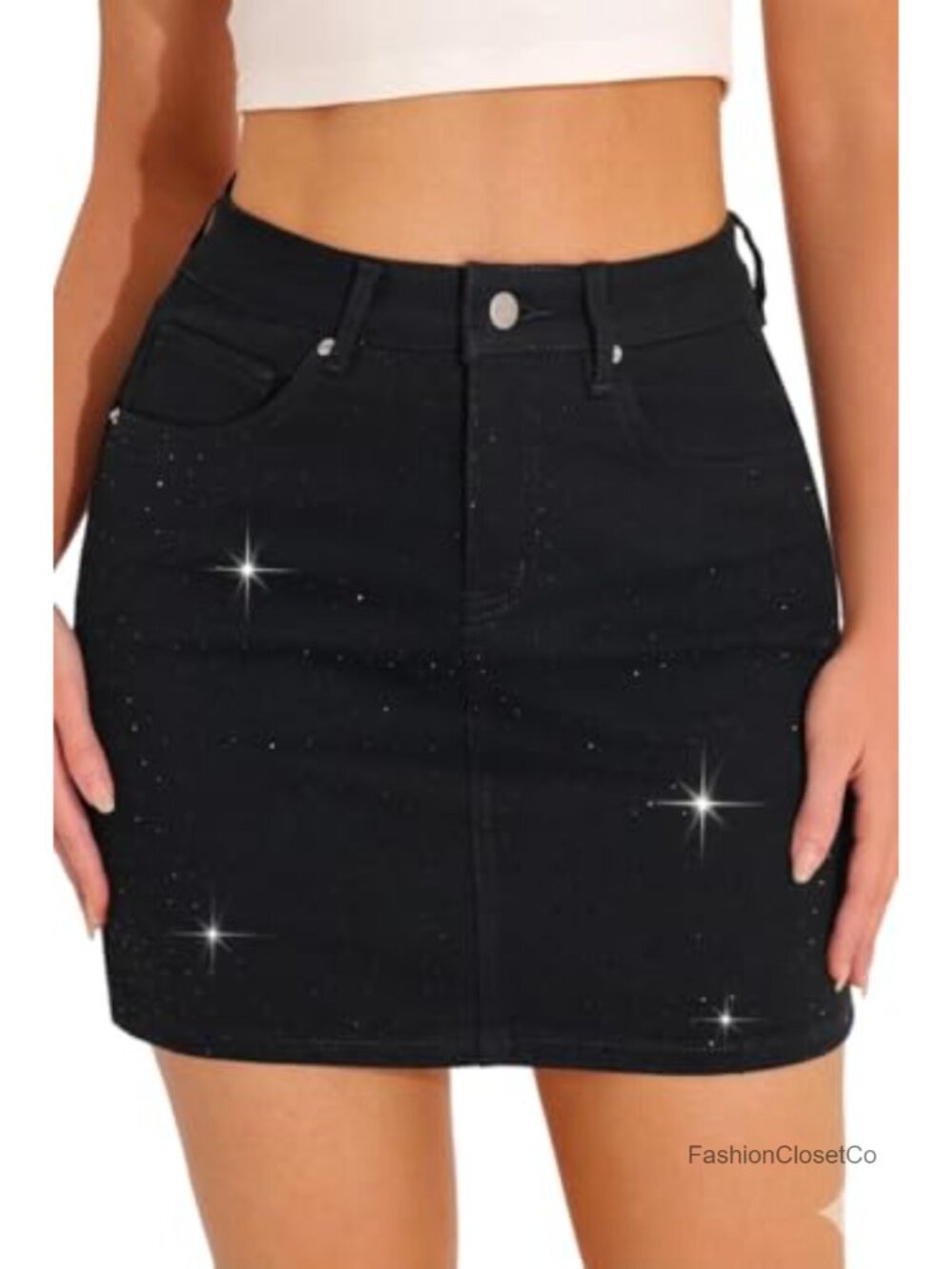 Womens Rhinestone Denim Mini Skirt Stretchy Sparkle Slim Fit High Rise